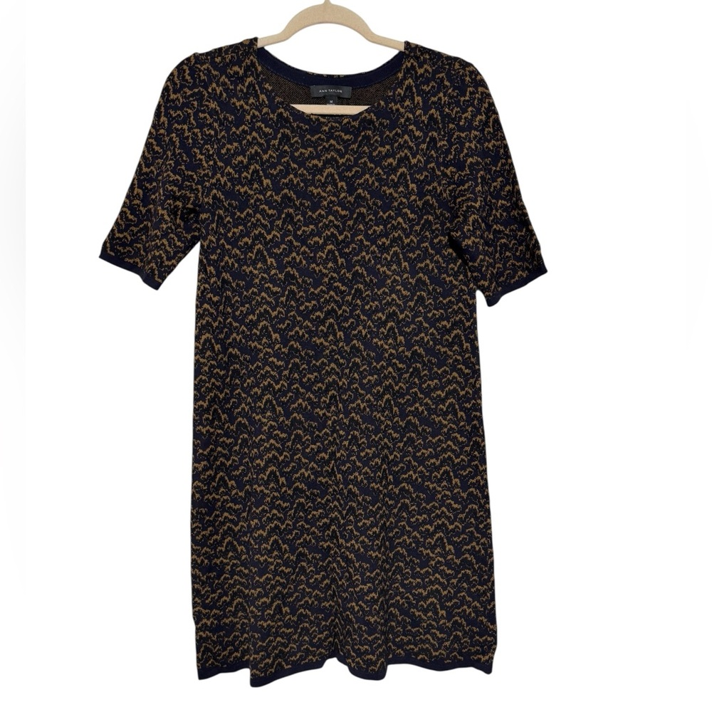 Ann Taylor Wool Cashmere Blend Sweater Dress Size M Navy Blue Brown Sheath‎ Fall